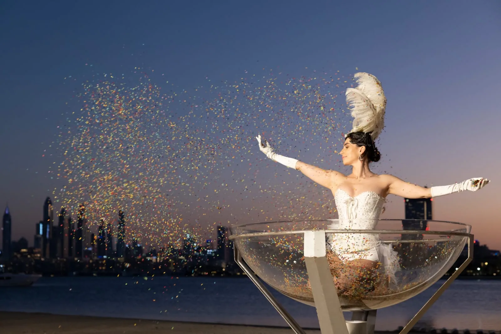 A Sada Events performer against the Dubai skyline